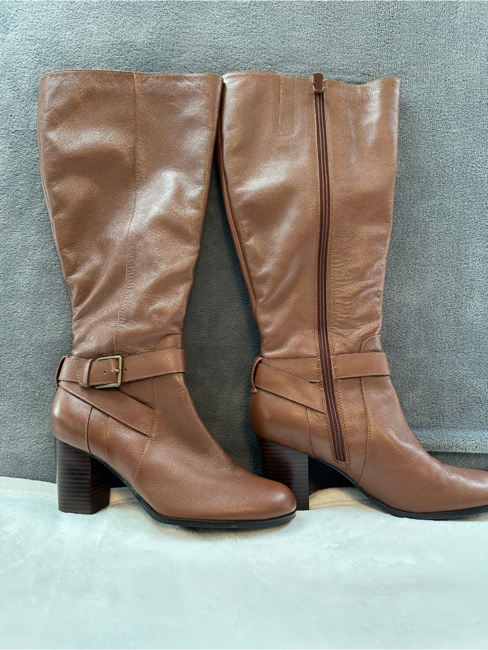 Cole Haan Tan Leather Knee-High Heeled Boots with Buckle Strap